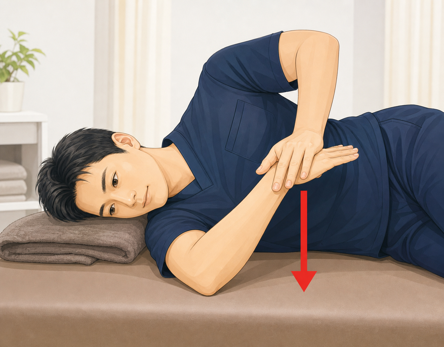 図2：スリーパーストレッチ（内旋）。左肩を下にして横向きになり、右手で左前腕を床方向へ押すストレッチ。
