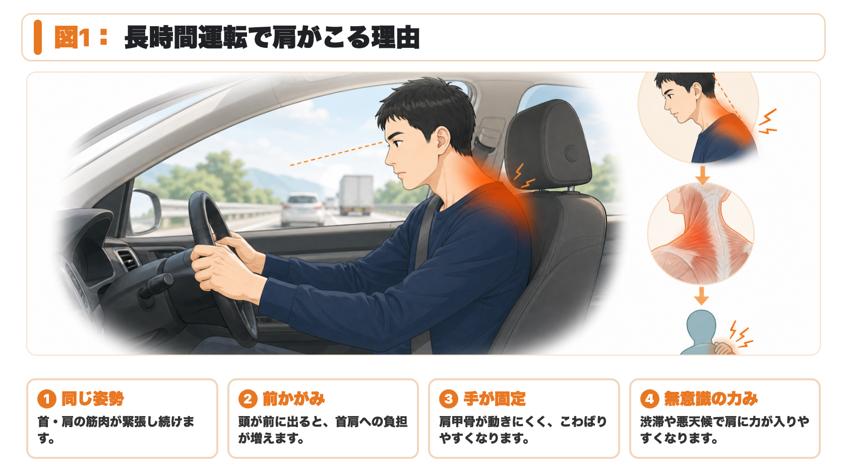 図1：長時間運転で肩がこる理由。同じ姿勢、前かがみ、手の固定、無意識の力みによって首肩へ負担がかかる説明図。