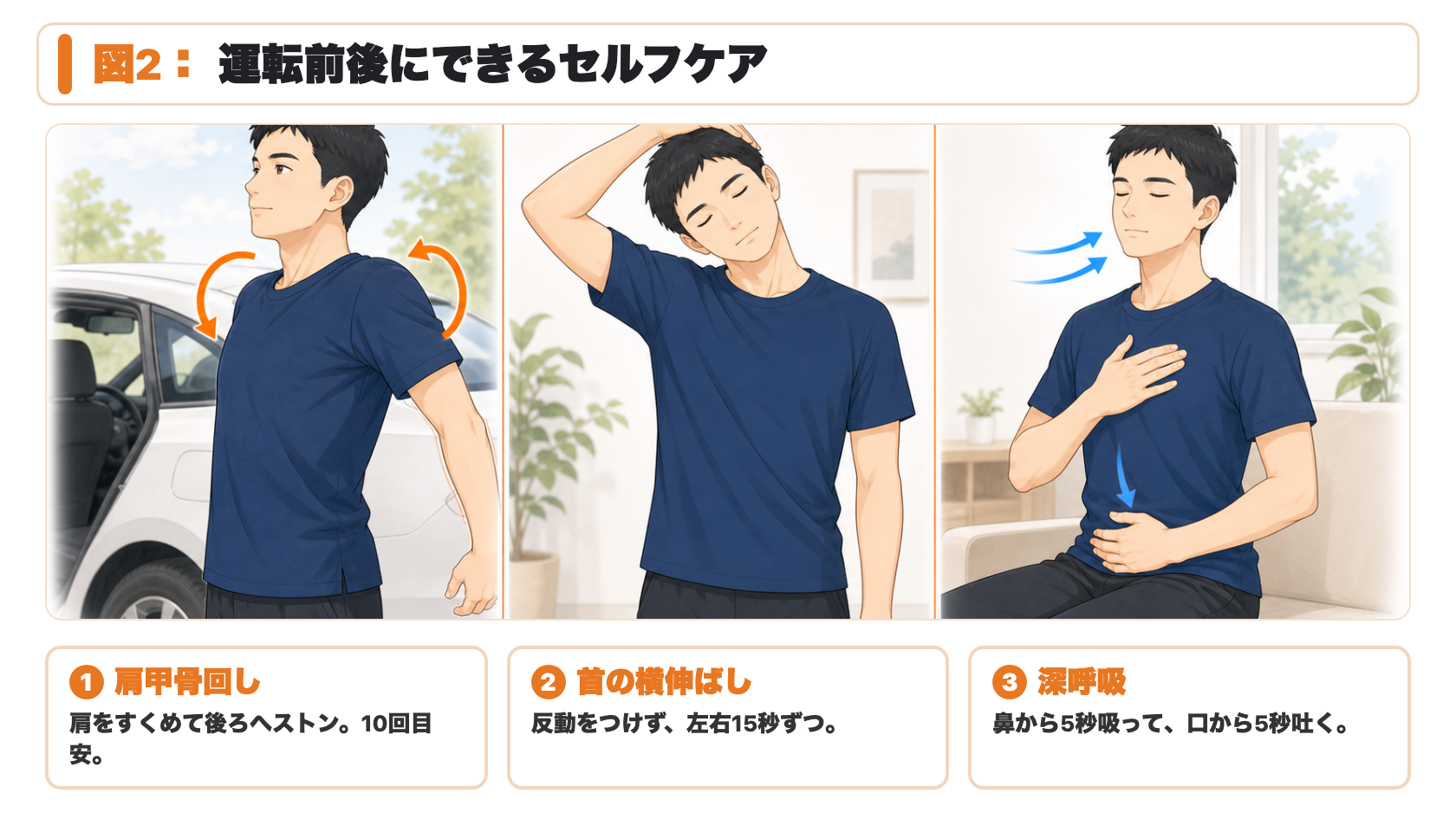 図2：運転前後にできるセルフケア。肩甲骨回し、首の横伸ばし、鼻から5秒吸って口から5秒吐く深呼吸の説明図。