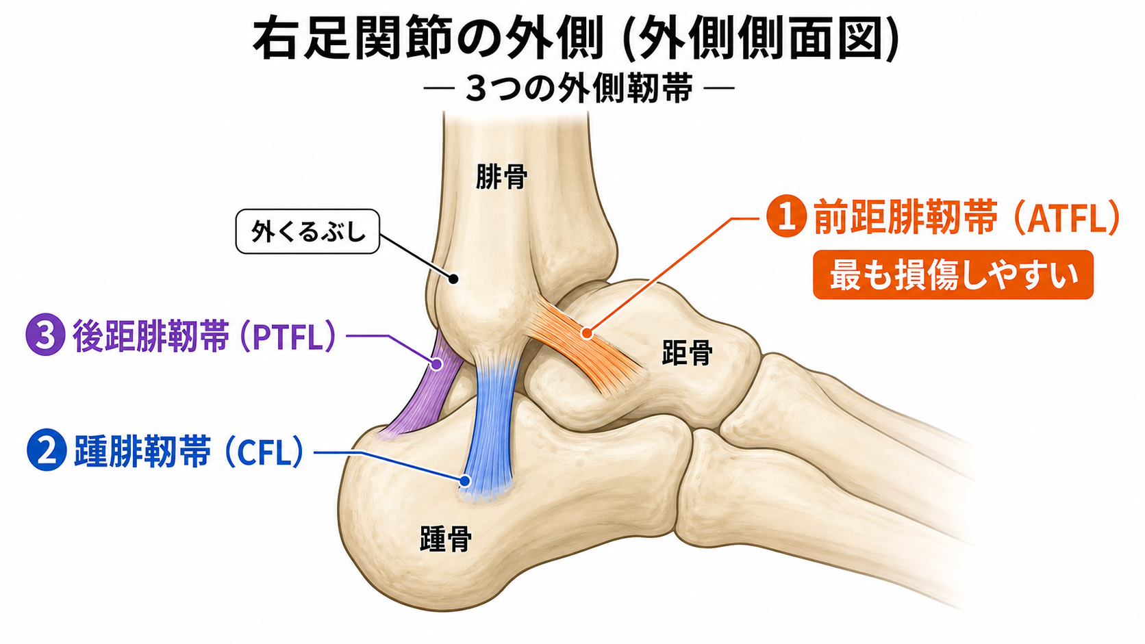 足関節外側靱帯の3つの靱帯（前距腓靱帯ATFL・踵腓靱帯CFL・後距腓靱帯PTFL）の図