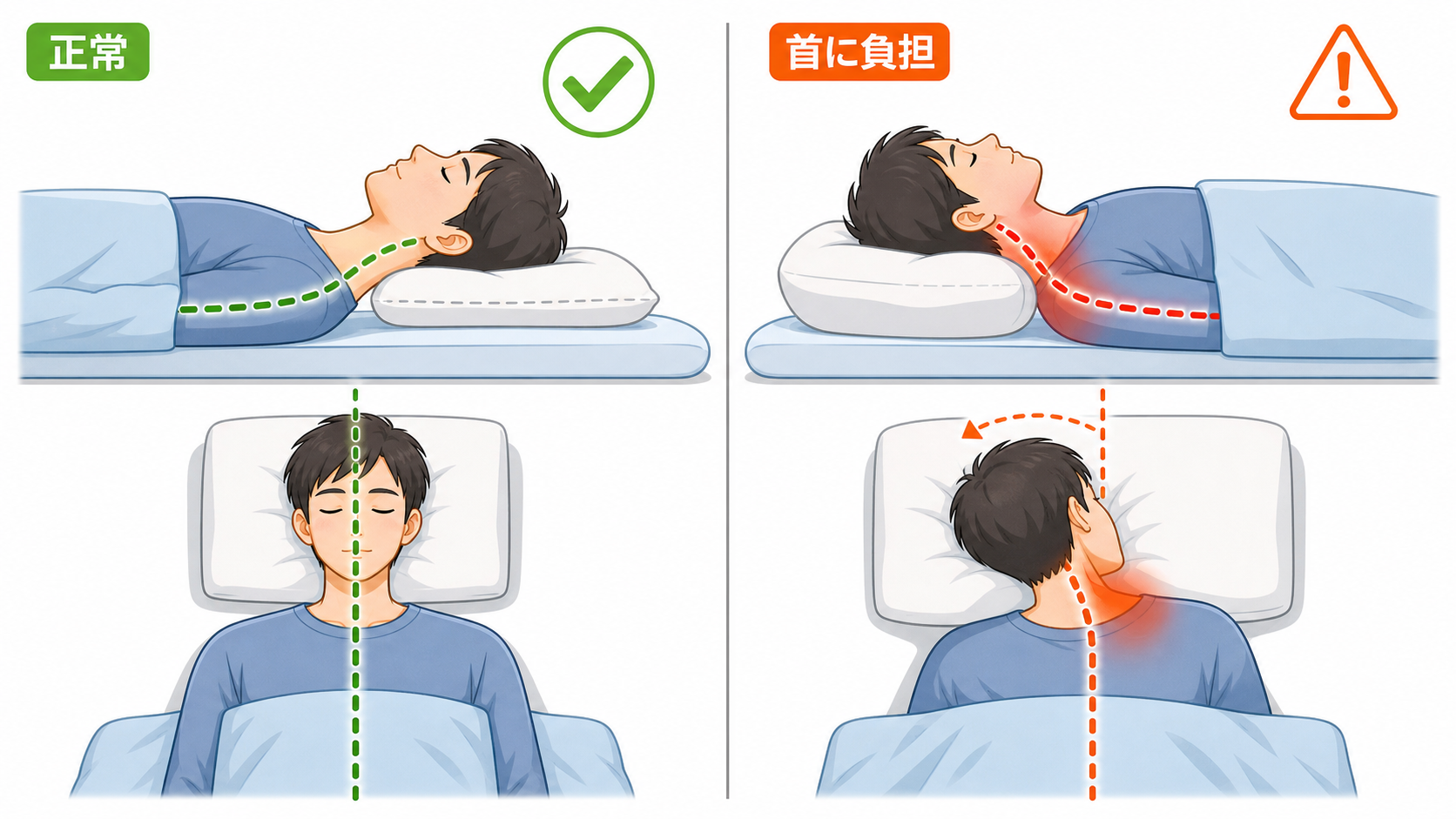 図1：正常な睡眠姿勢（左）vs 寝違えを起こす姿勢（右）