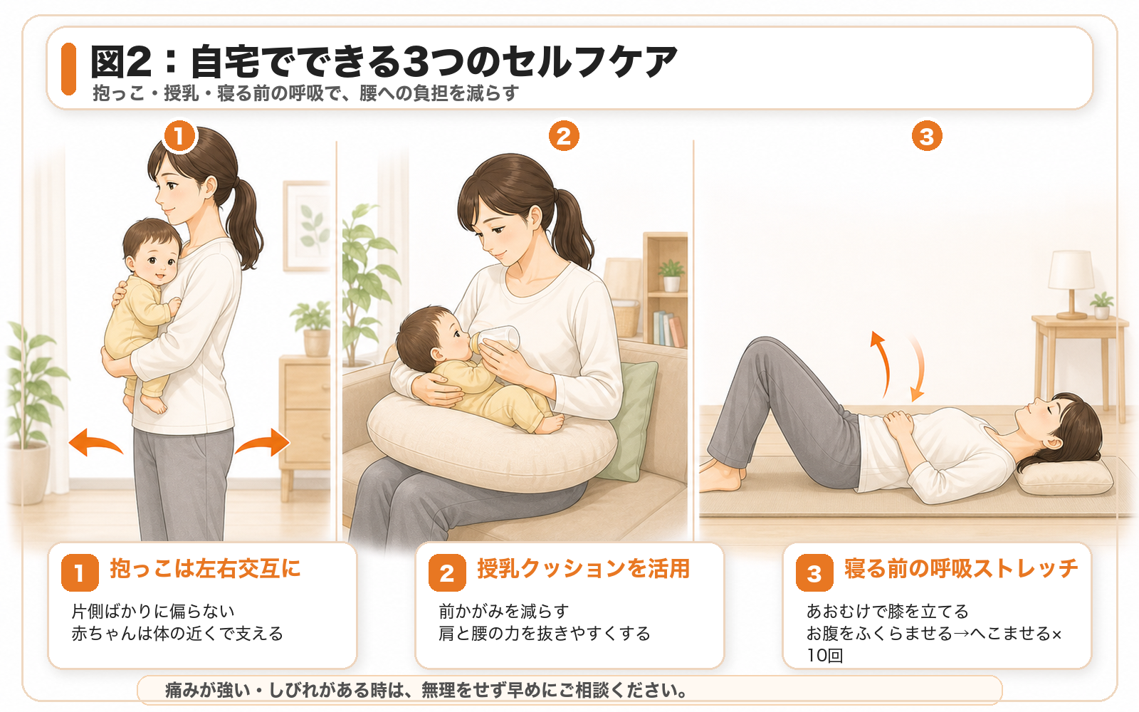 図2:自宅でできる3つのセルフケア。抱っこは左右交互に、授乳クッションを活用、寝る前の呼吸ストレッチで腰への負担を減らす。