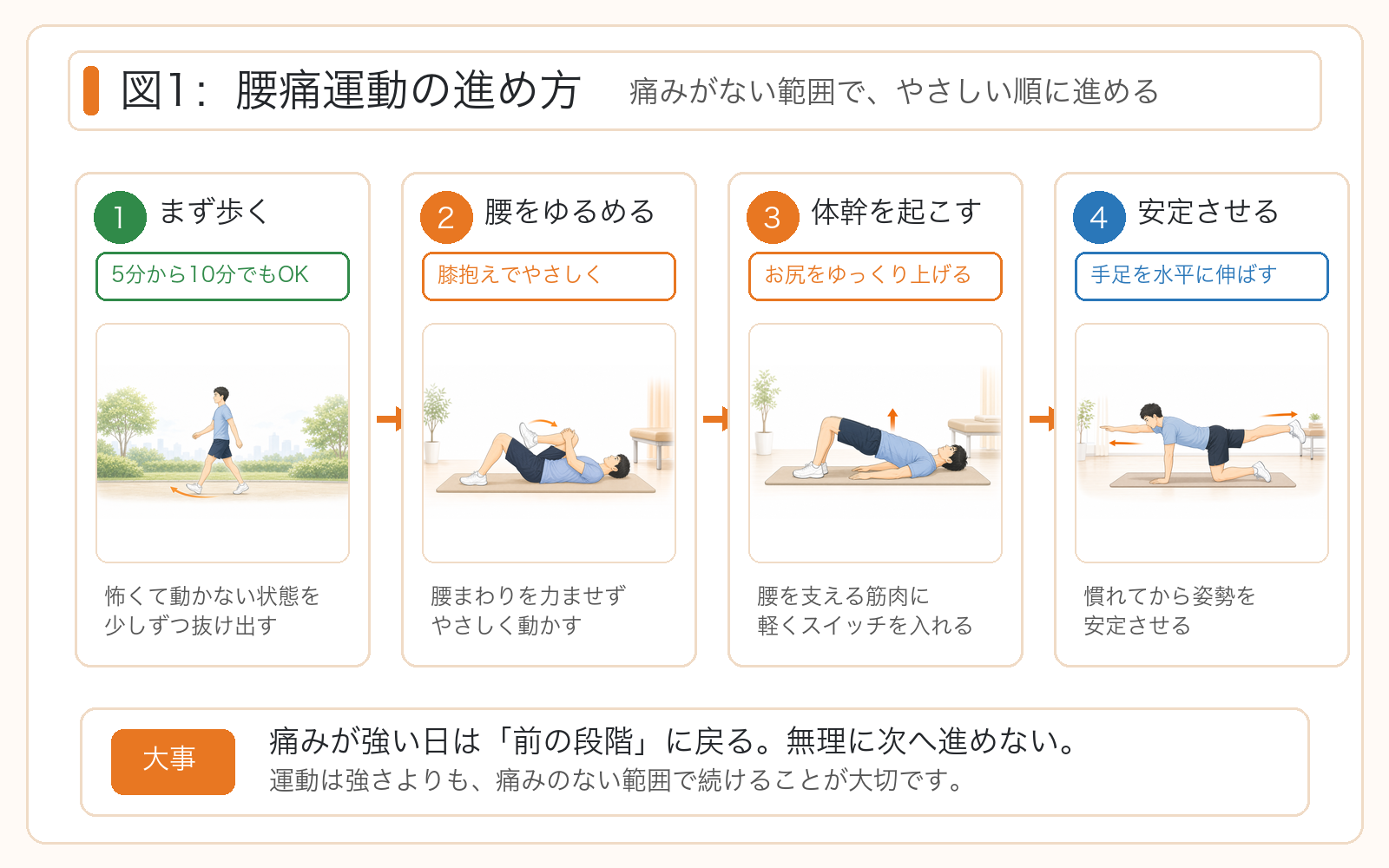 図1:腰痛運動の進め方。まず歩く、腰をゆるめる、体幹を起こす、安定させる順に、痛みのない範囲で進める。