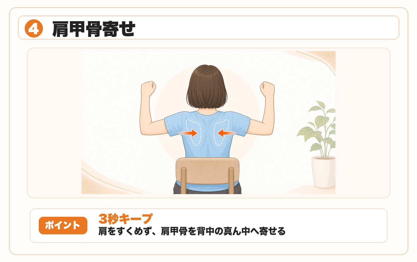 肩甲骨寄せ：肩をすくめず肩甲骨を背中の真ん中へ寄せる