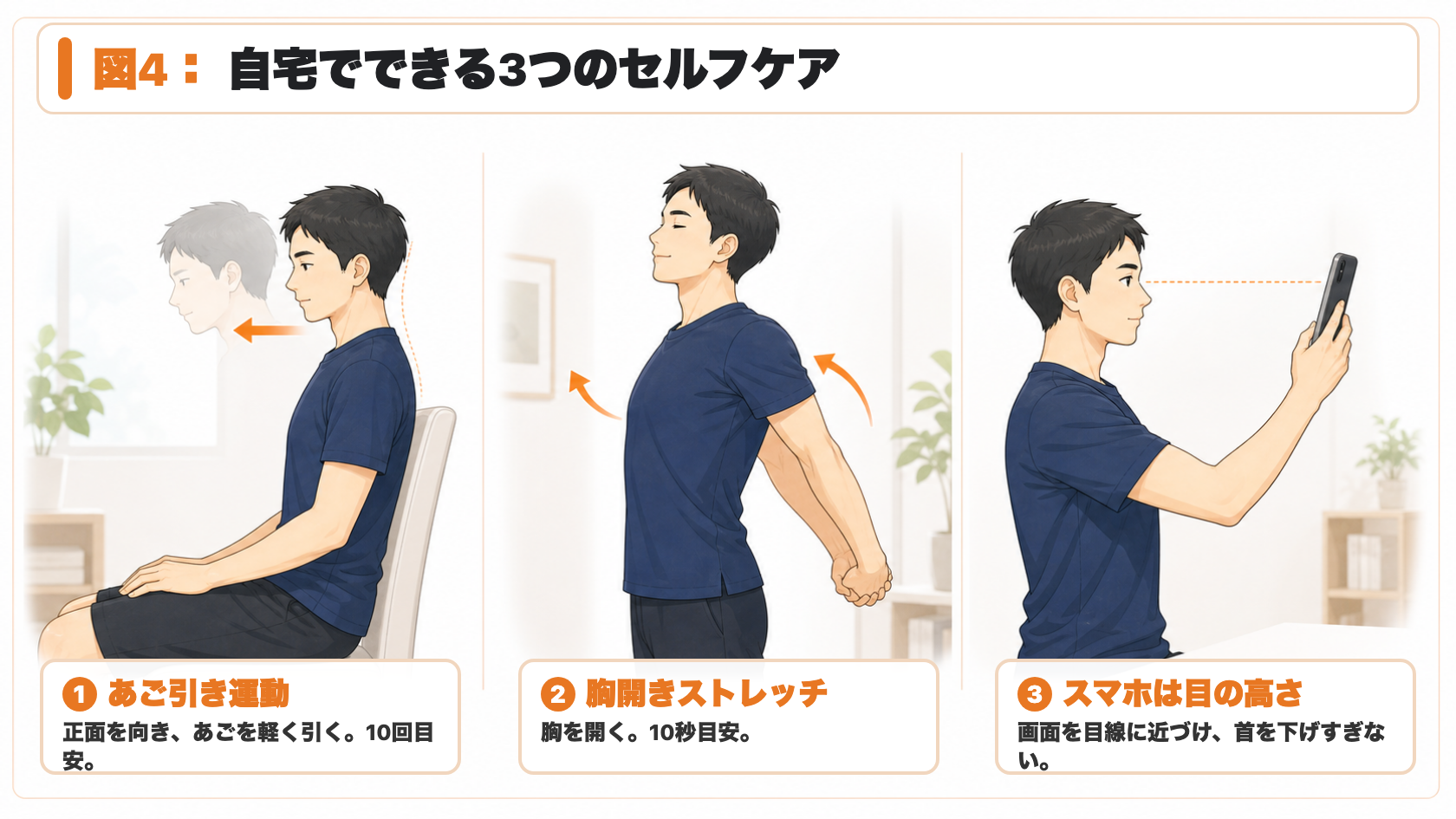 図4：自宅でできる3つのセルフケア。あご引き運動、胸開きストレッチ、スマホは目の高さ。
