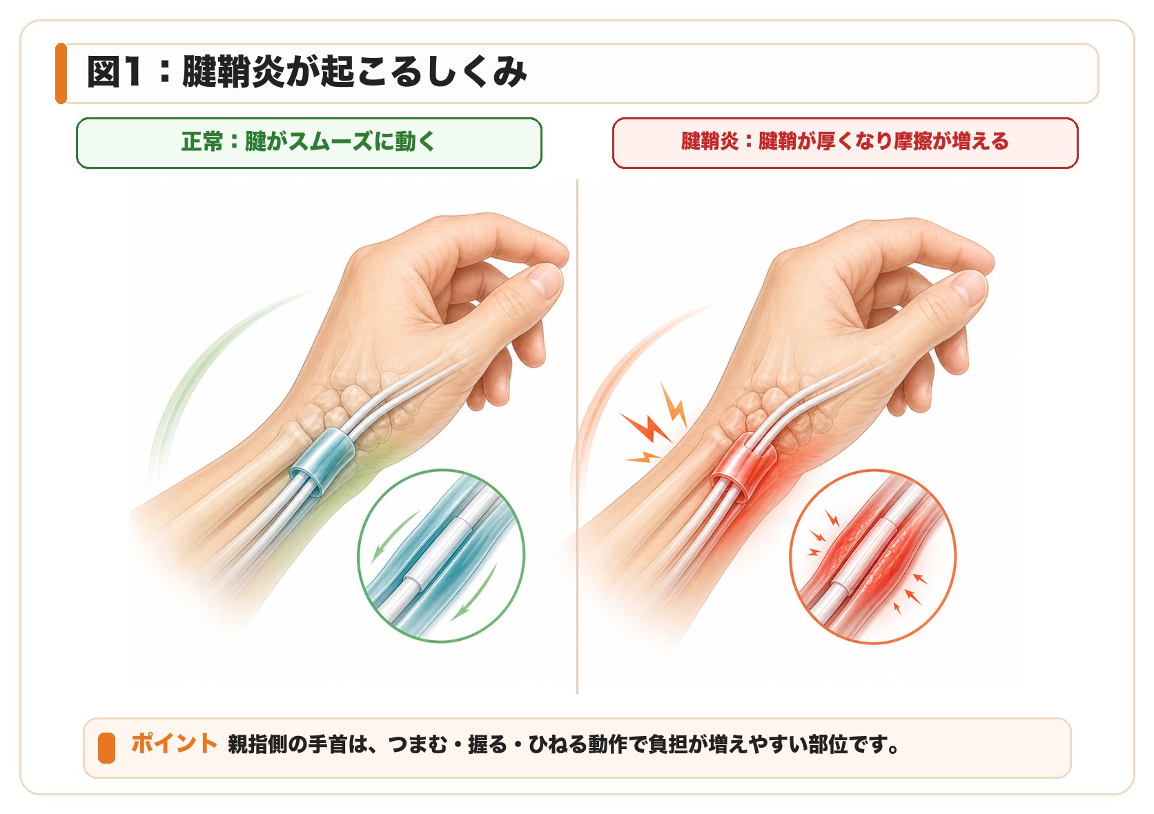 腱鞘炎が起こるしくみ。正常な腱の滑走と、腱鞘炎で摩擦が増えた状態の比較図。